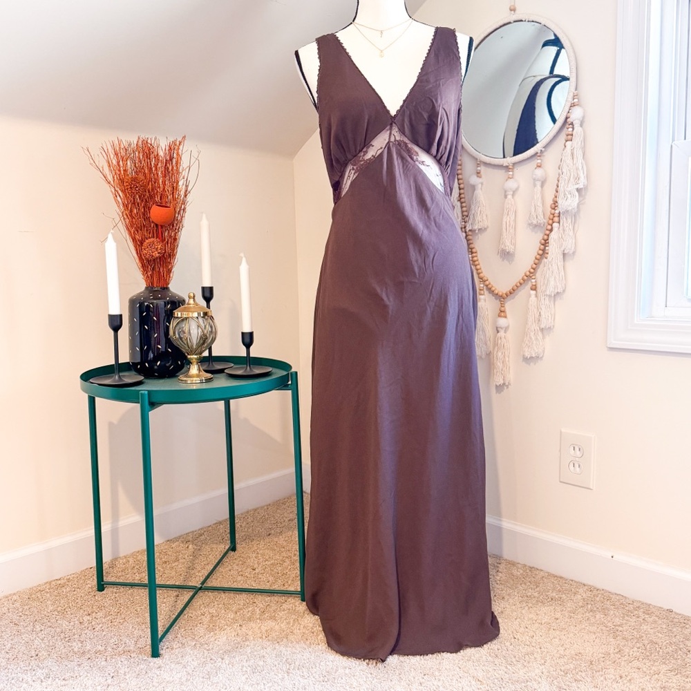 Wild Fable Chocolate Brown Lace Slip V-Neck Sleeveless Midi Dress - Picture 2 of 7